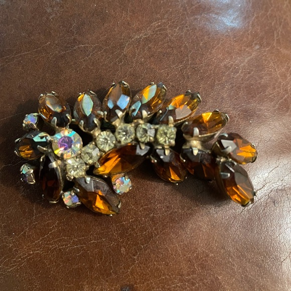 Vintage Rhinestone/ Amber Glass Stone Brooch Pin - Picture 6 of 6